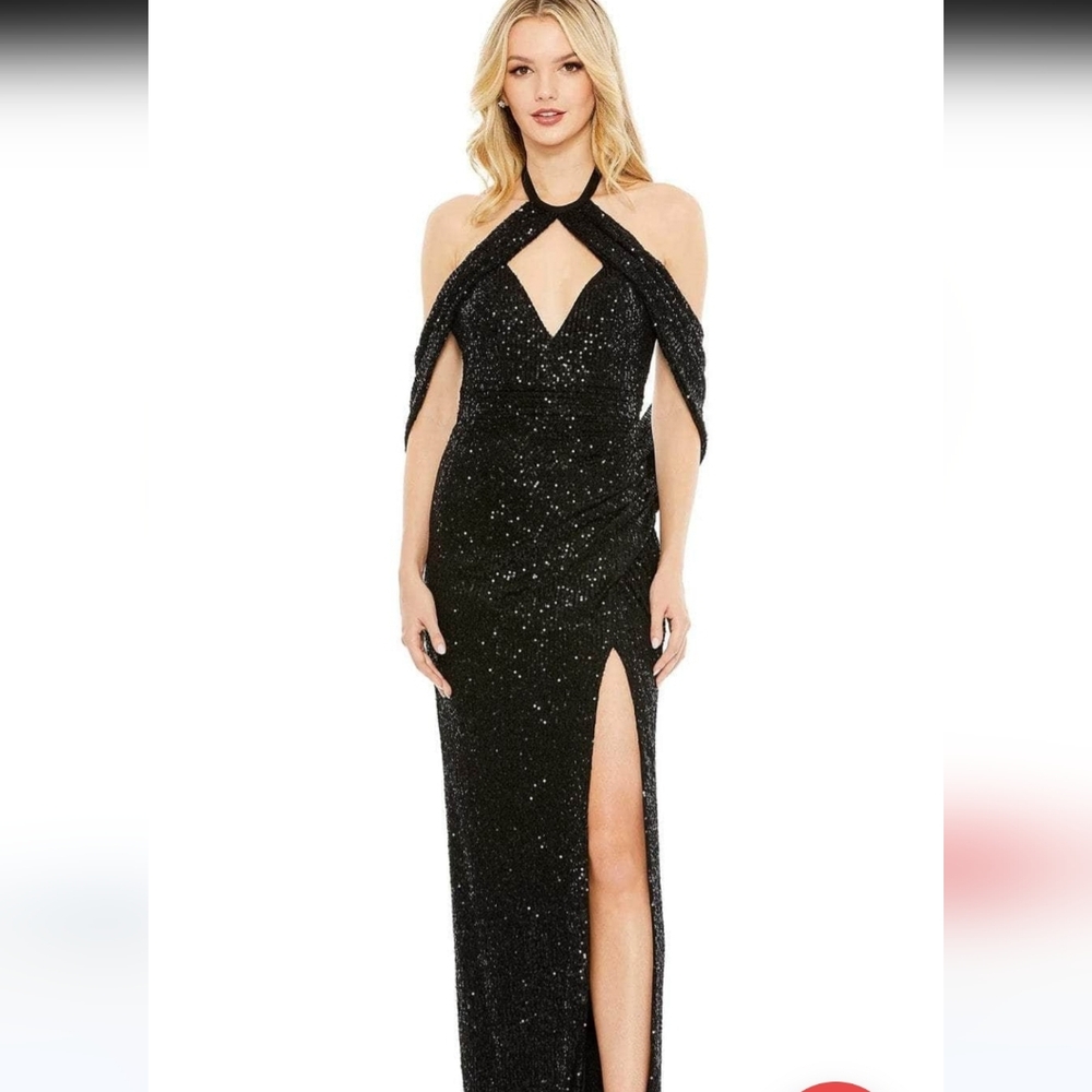 NWT$498 Mac Duggal Halter Neck Drape Sleeve Sequin Maxi Dress Evening Gown 0 XS